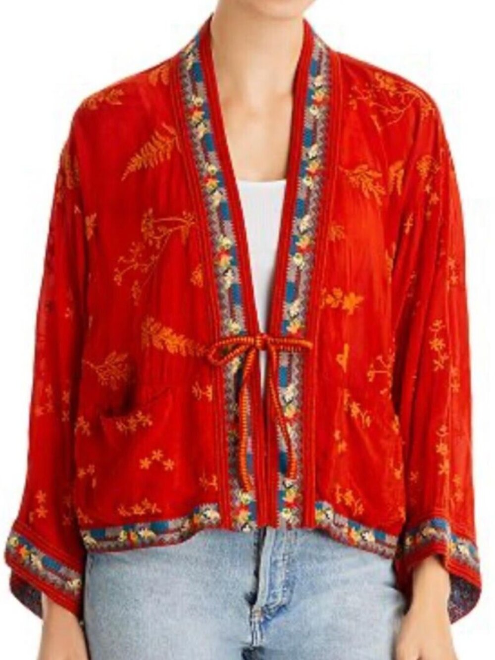 Johnny Was Fern Danica Kimono, Embroidered, Self-Tie Front, Cayanne - Womens XL